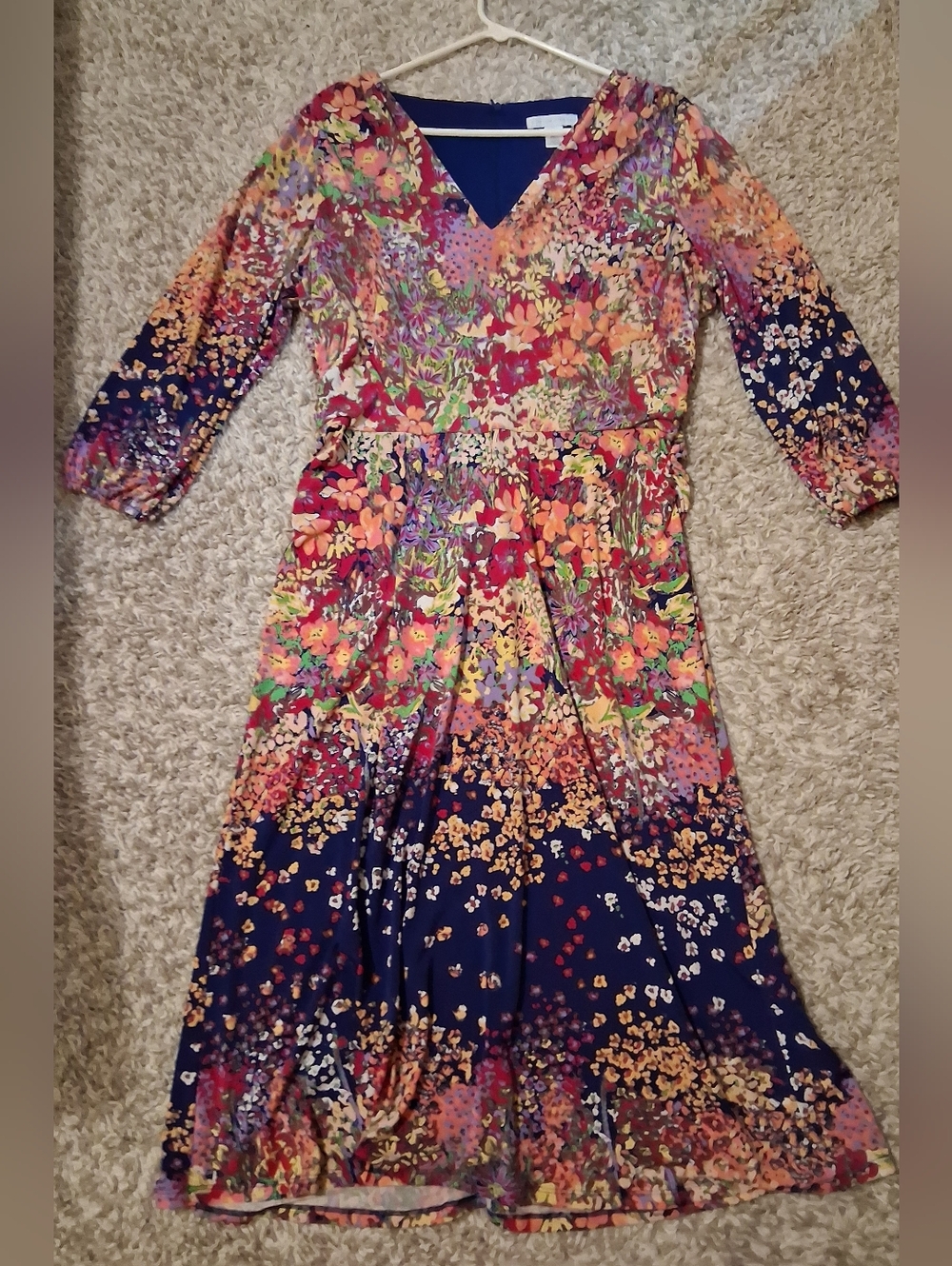 London Times Navy and Multi Floral V-Neck Dress